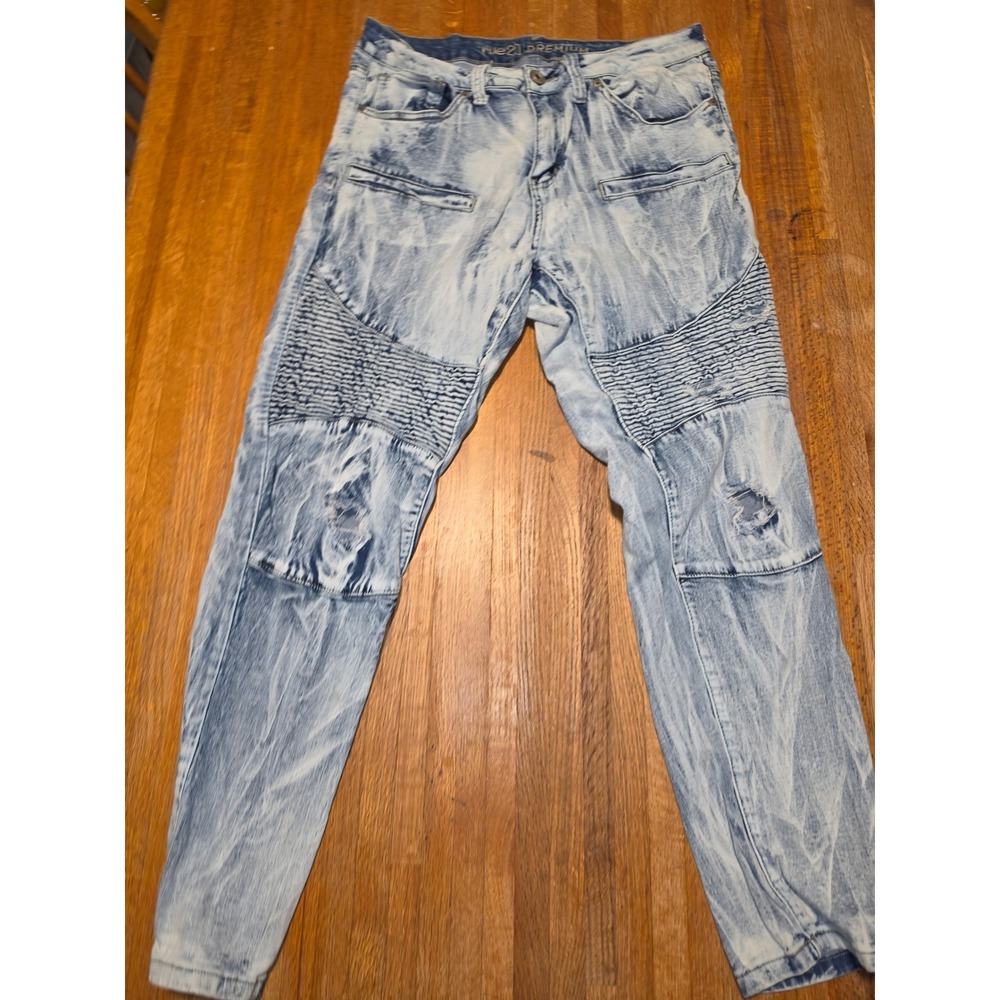 Rue21 Premium Supreme Flex Skinny Moto Jeans Acid Wash Blue 32x30 Distressed